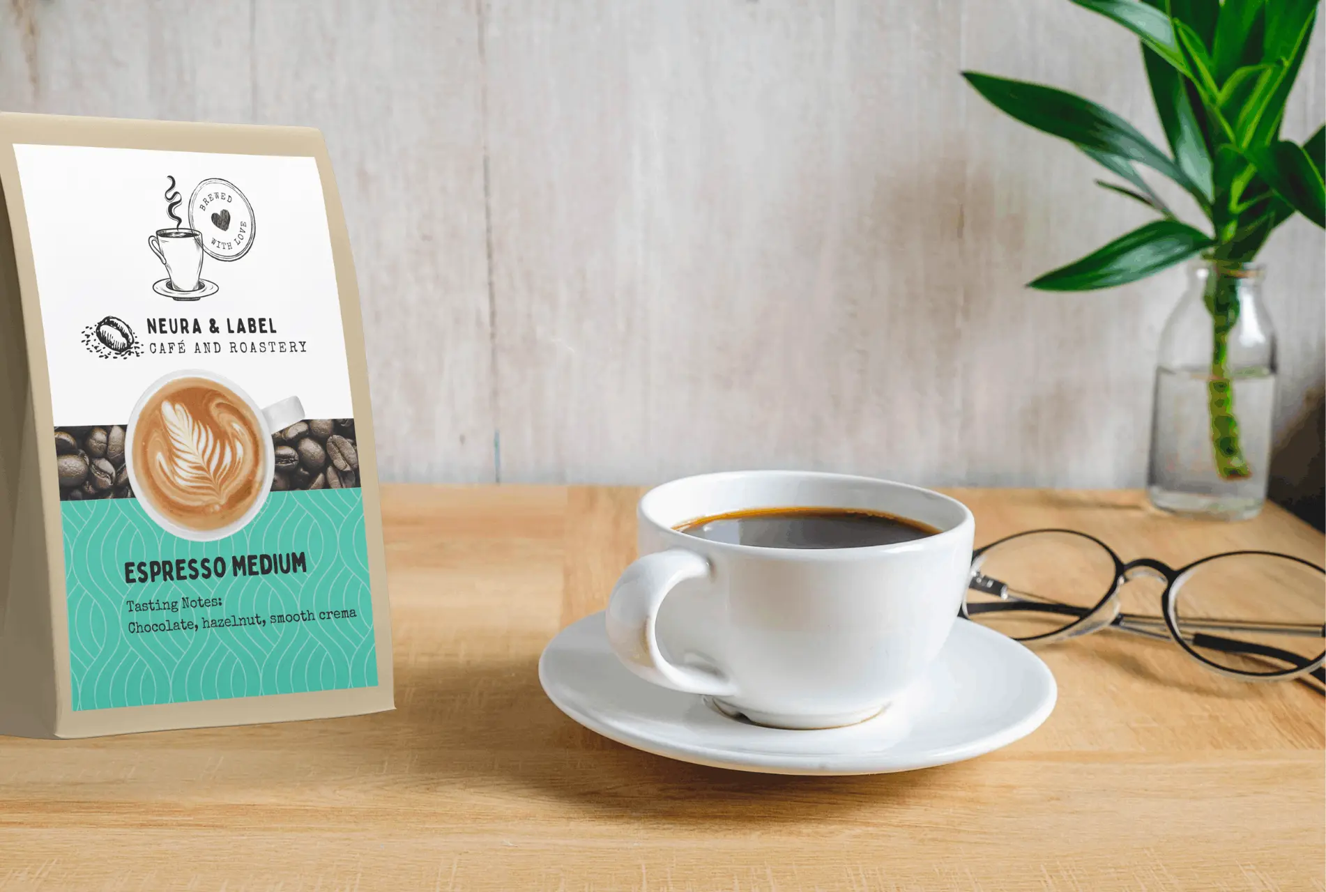 Bag of coffee and cup of coffee.